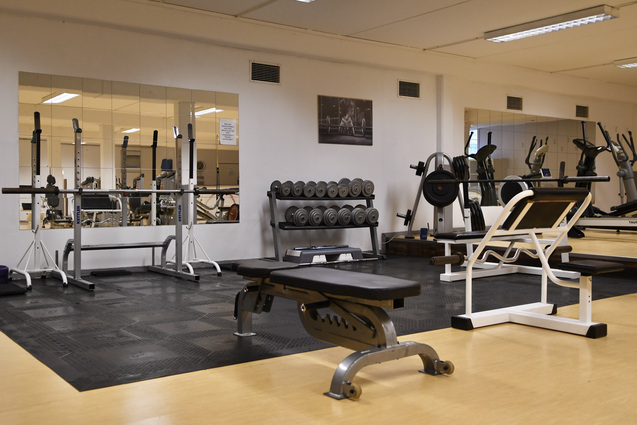 Fitnessraum mit Hantelb&auml;nken, Gewichten und verschiedenen Trainingsger&auml;ten, Spiegel an der Wand.