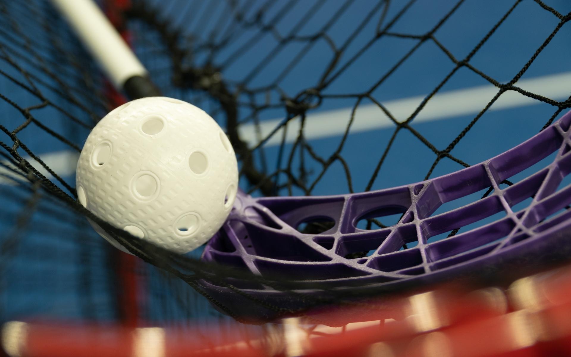 Weißer Plastikball liegt in einem violetten Netz von einem Hockeyschläger auf einem blauen Sportboden.