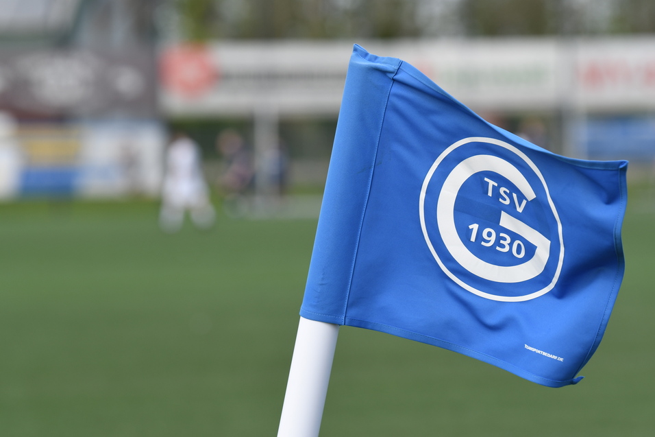 Nahaufnahme einer blauen Eckfahne mit dem Logo des TSV 1930 auf einem Fu&szlig;ballfeld im Hintergrund.