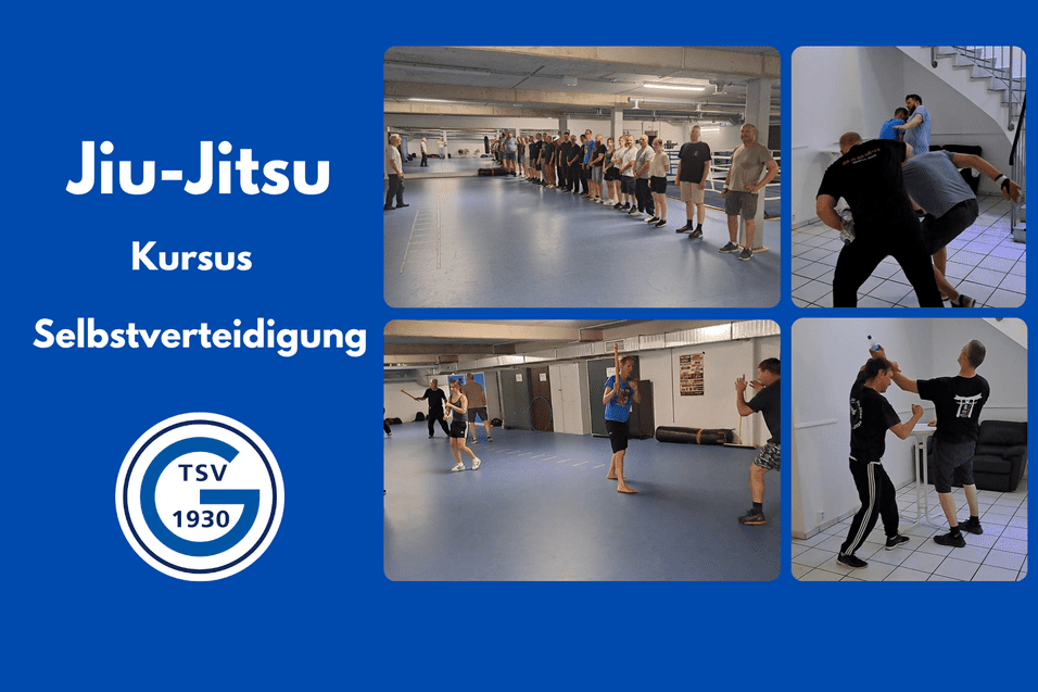 Collage aus vier Bildern eines Jiu-Jitsu-Kurses mit Sch&uuml;lern bei Selbstverteidigungs&uuml;bungen in einem Trainingsraum.