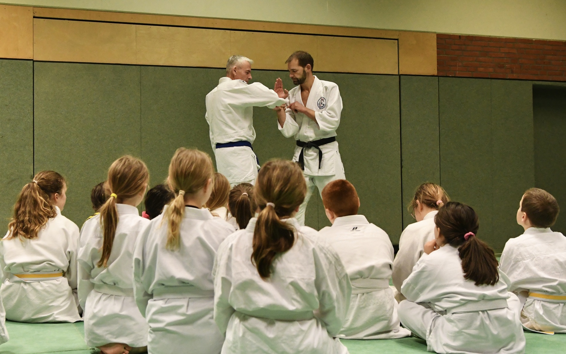 Zwei Judoka demonstrieren eine Technik, w&auml;hrend eine Gruppe von Kindern im Hintergrund zuschaut.