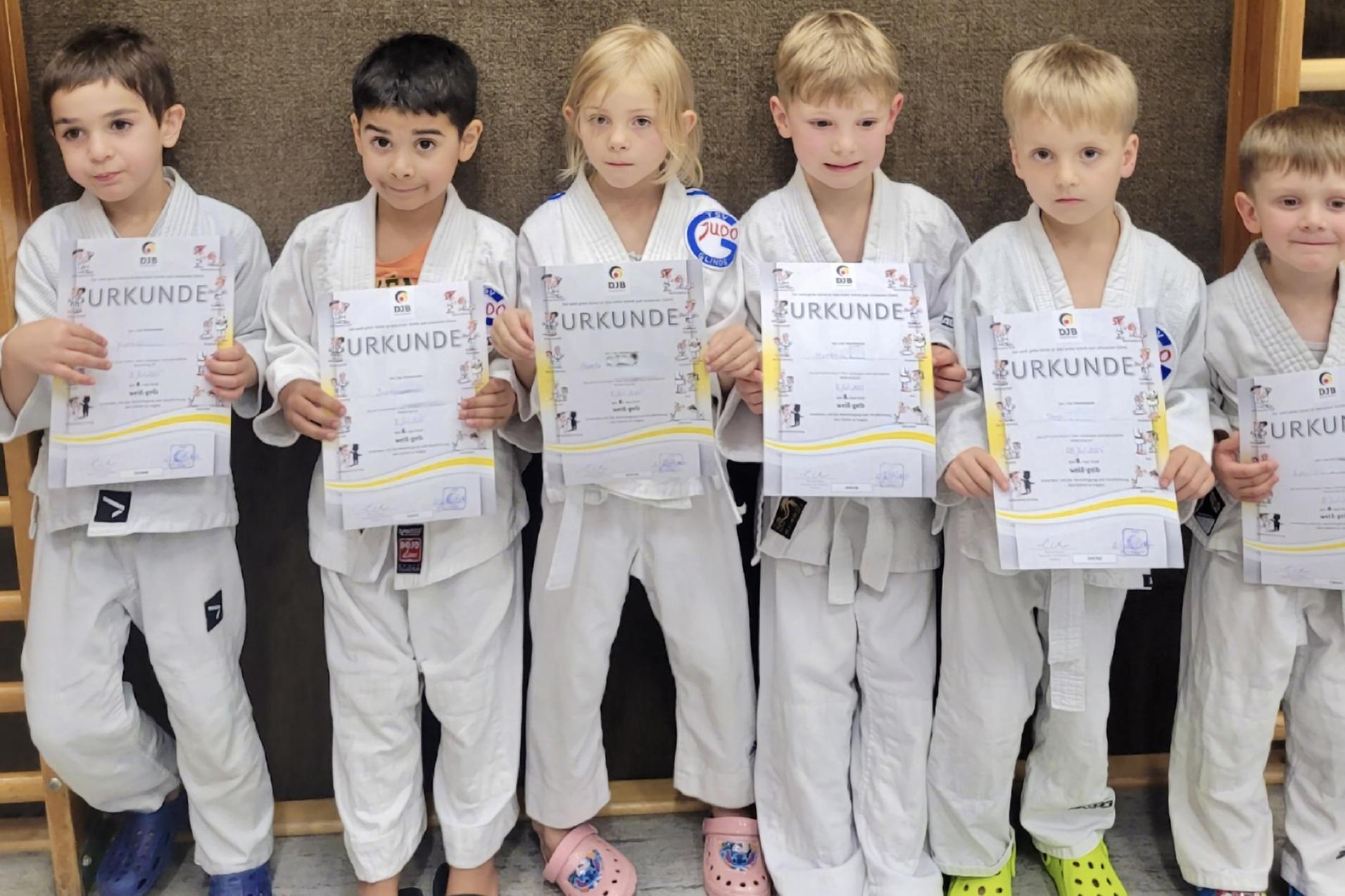 Sechs Kinder in weißen Karateanzügen halten stolz ihre Urkunden in der Hand.