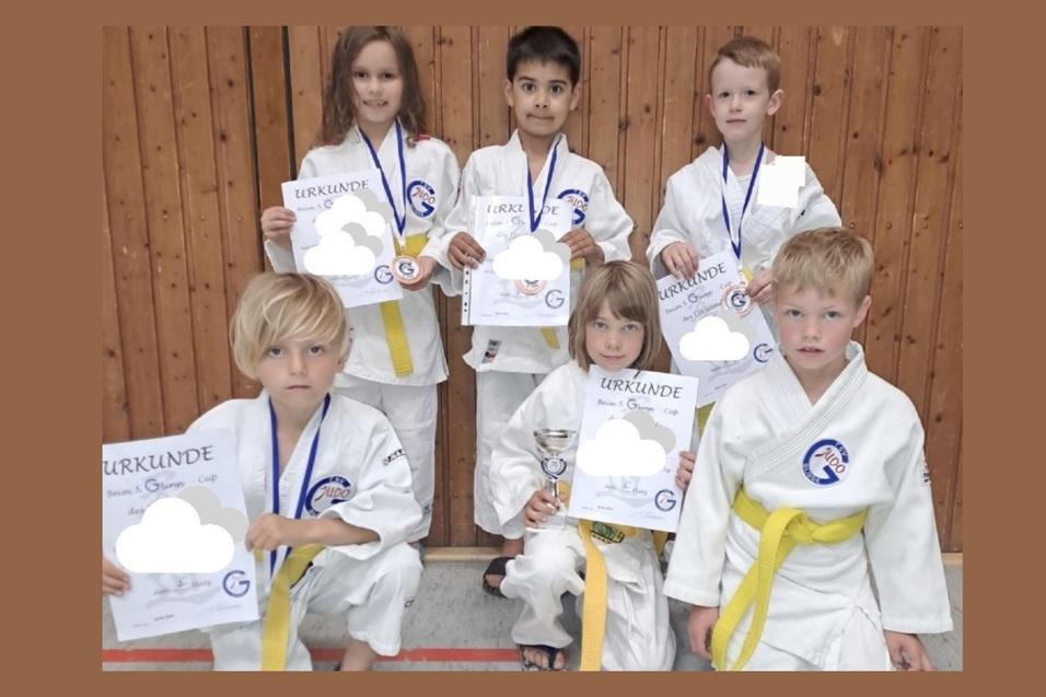Gruppe von sechs Kindern in Karateanz&uuml;gen mit Medaillen und Urkunden vor einer Holzwand.