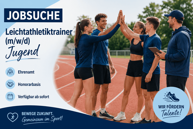 Gruppenfoto von vier Sportlern, die sich auf einer Laufbahn abklatschen, mit Textinformationen zur Jobanzeige für Jugendtrainer.