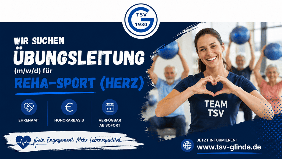 Banner mit der Aufschrift „Wir suchen Übungsleitung (m/w/d) für Reha-Sport (Herz)“ und lächelnder Trainerin mit Herzsymbol.
