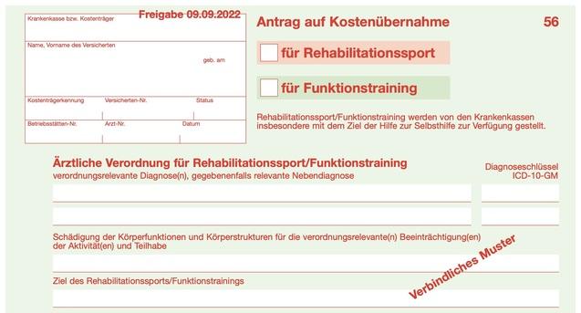 Formular zur Kostenübernahme für Rehabilitationssport und Funktionstraining mit Platz für ärztliche Verordnung.