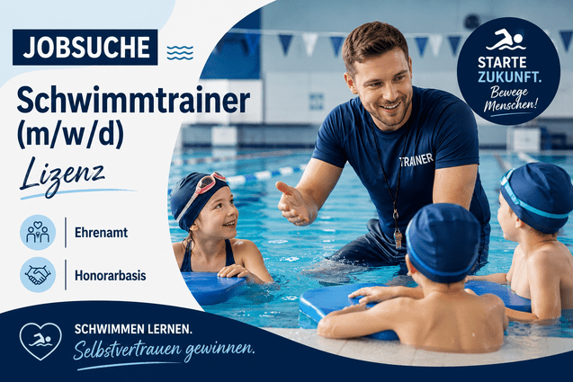 Ein Schwimmtrainer unterhält sich mit zwei Kindern im Schwimmbecken, während ein weiteres Kind im Wasser spielt.