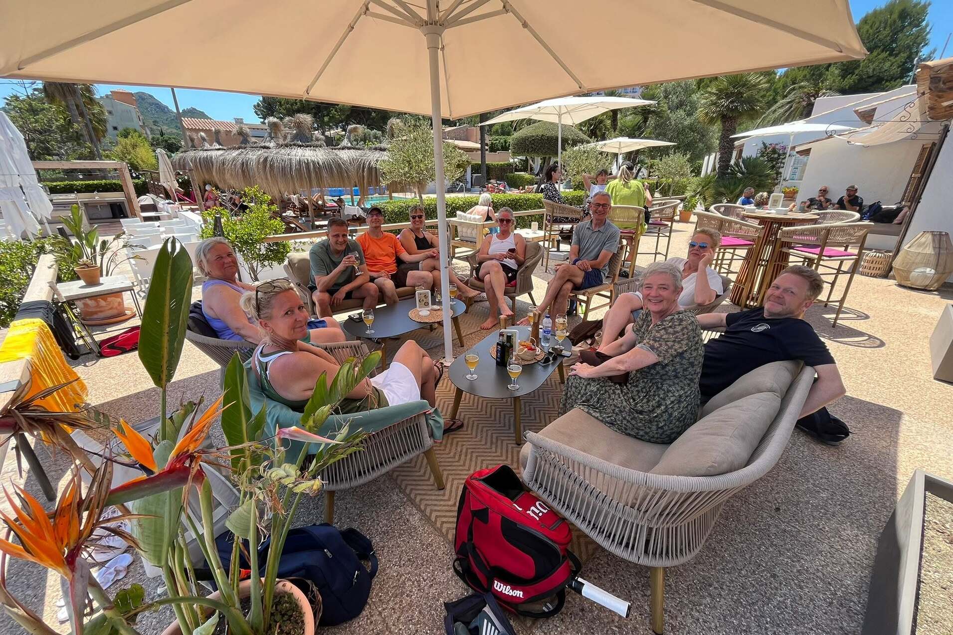 Gruppe von acht Personen sitzt unter einem Sonnenschirm in einem modernen Café mit Pflanzen und stilvollen Möbeln.
