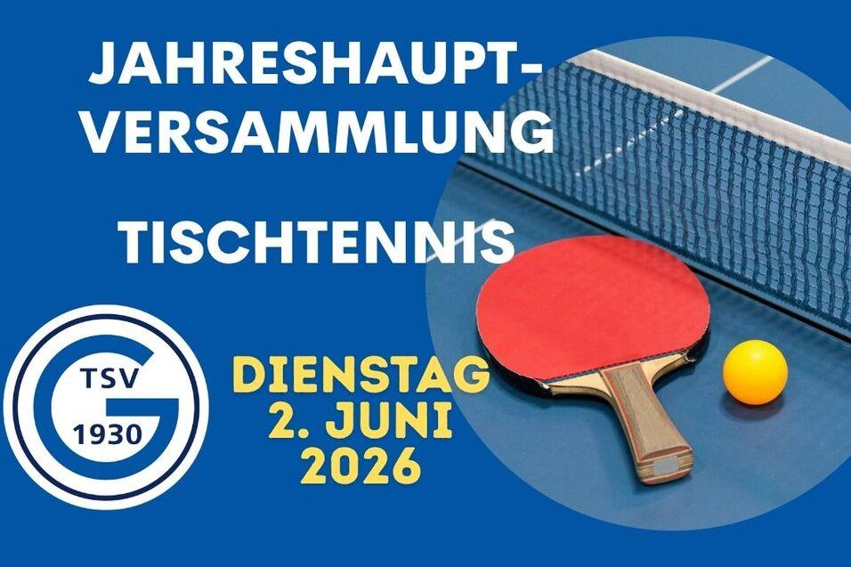 Grafik zur Jahreshauptversammlung Tischtennis mit Datum 2. Juni 2026, Schl&auml;ger und Ball auf Tischtennisplatte abgebildet.