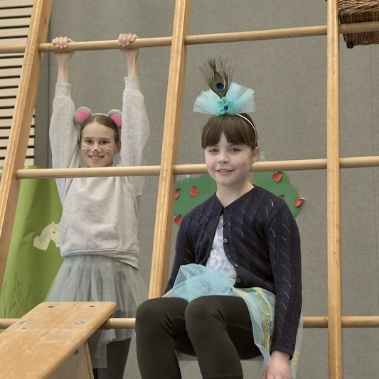 Zwei M&auml;dchen spielen an einer Holzleiter; eines h&auml;ngt daran, das andere sitzt auf einer Sprosse. Beide tragen bunte Accessoires.