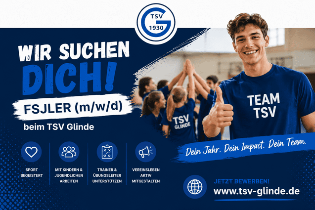 Plakat des TSV Glinde sucht FSJler, junger Mann in blauer Team-T-Shirt gibt Daumen hoch, motivierte Personen im Hintergrund.