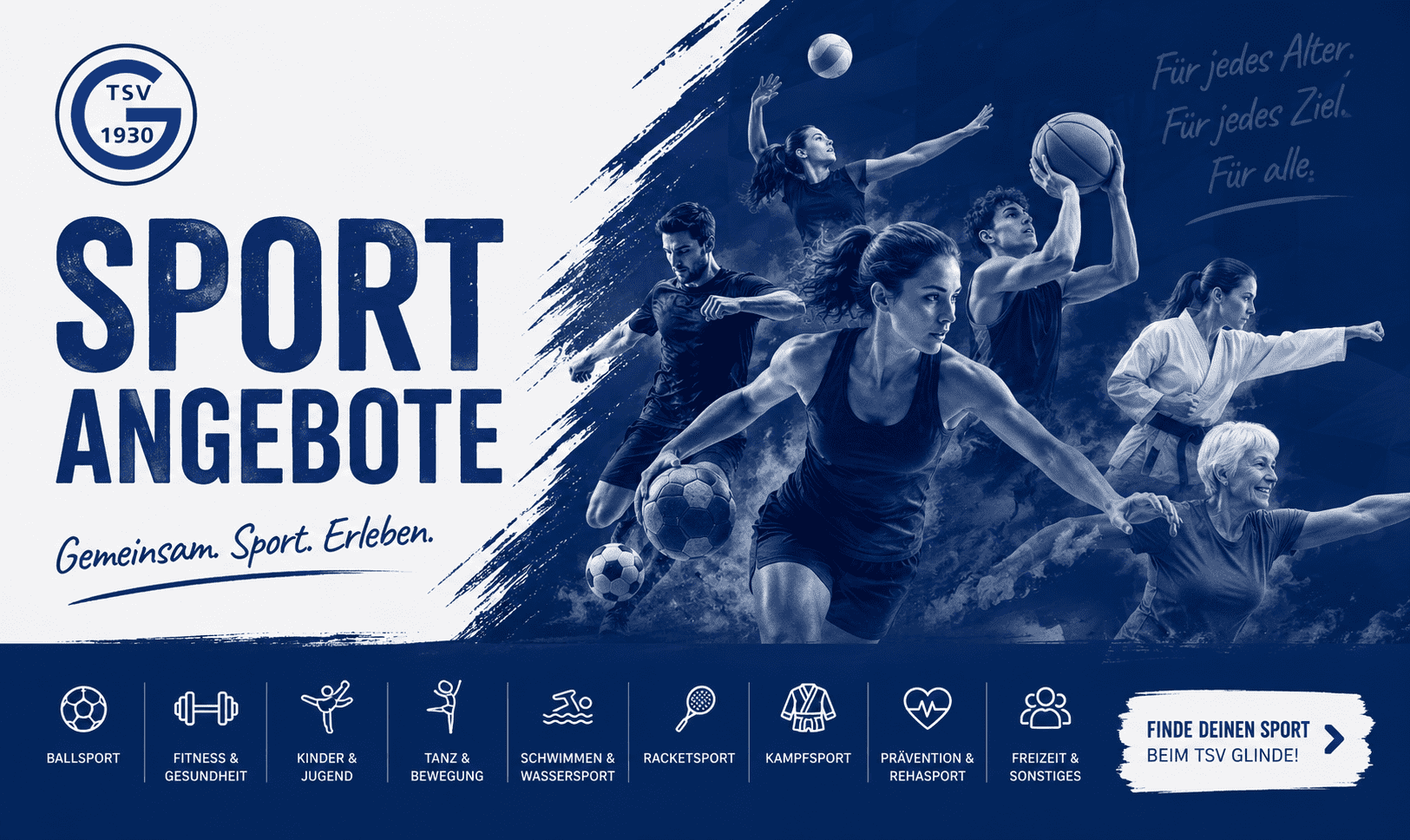 Grafik mit dem Text &bdquo;Sport Angebote&ldquo;, Bild von Sportlern in Aktion und Symbolen f&uuml;r verschiedene Sportarten.
