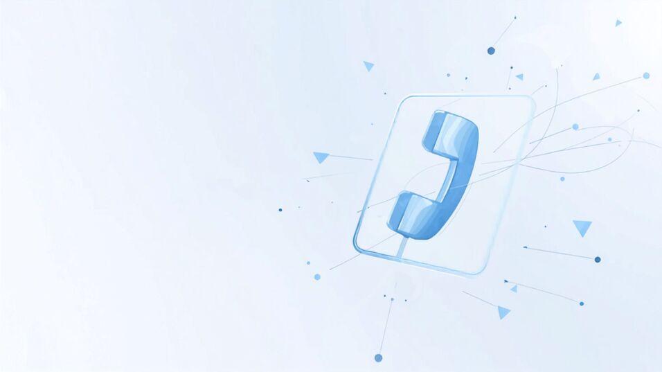 Grafische Darstellung eines blauen Telefonhörers auf hellem Hintergrund mit abstrakten, geometrischen Formen.