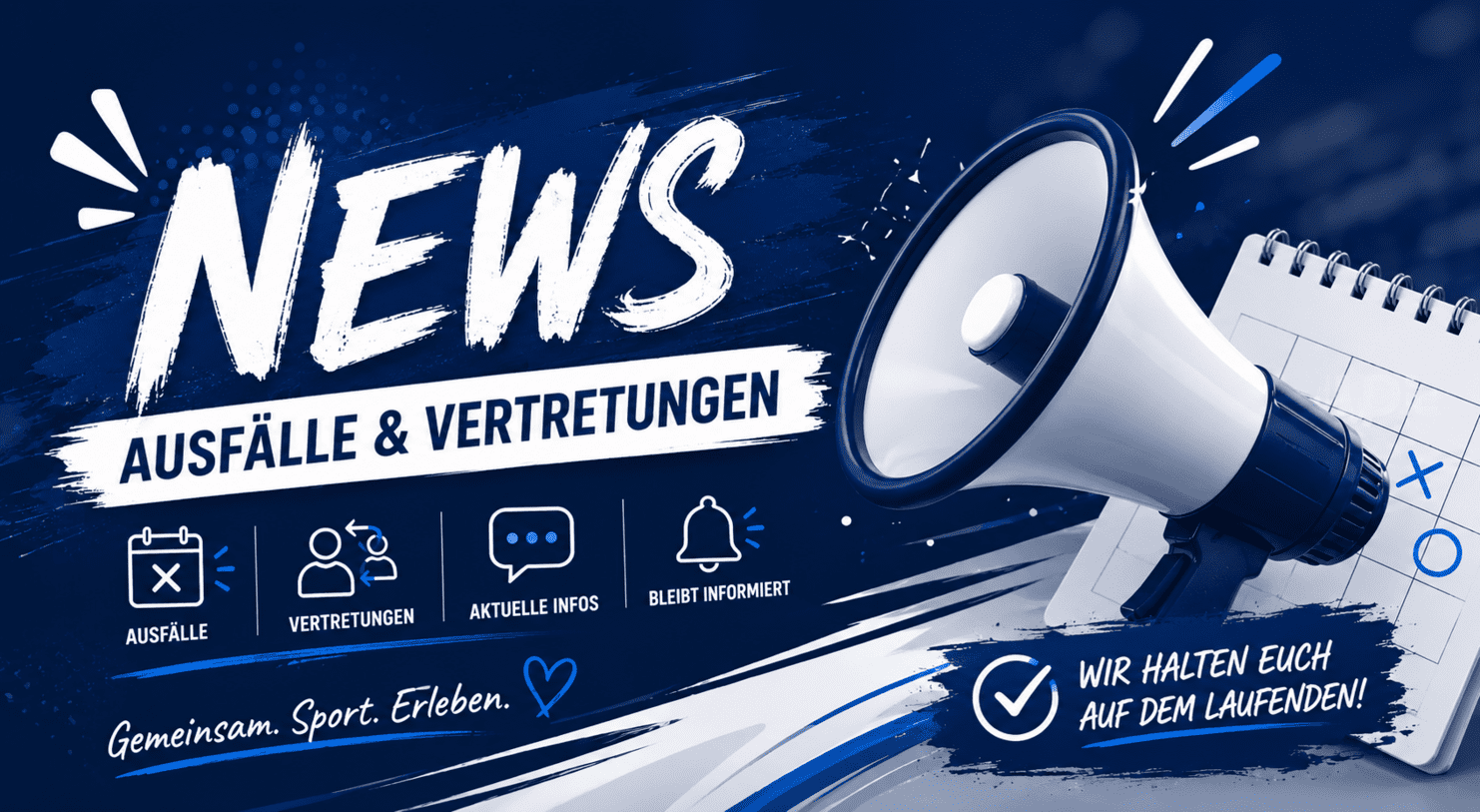 Grafik mit einem Megafon und dem Text "NEWS AUSFÄLLE &VERTRETUNGEN" sowie Icons für Informationen zu Ausfällen und Vertretungen.