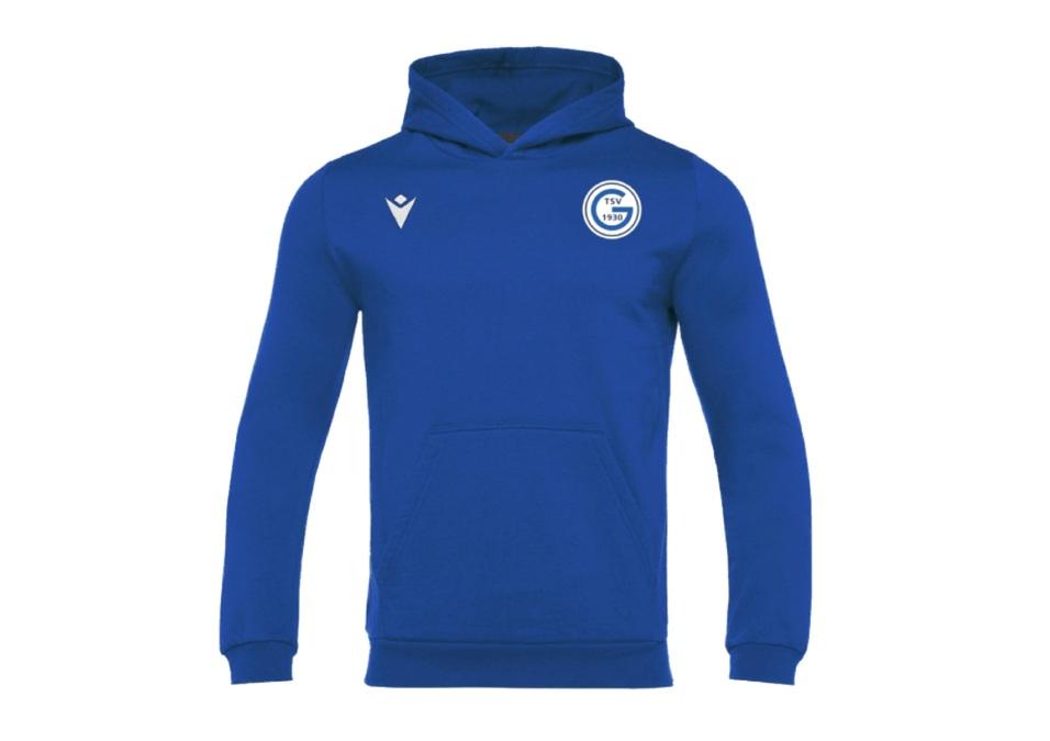 Blaues Sweatshirt mit Kapuze und Logo auf der linken Brustseite.