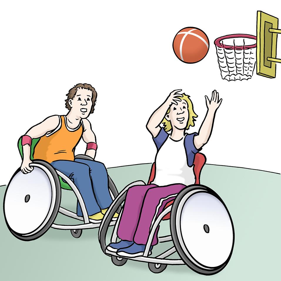 Zwei Personen im Rollstuhl spielen Basketball und werfen einen Ball in den Korb.