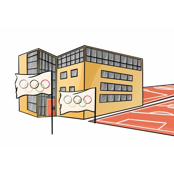 Grafische Darstellung eines modernen Gebäudes mit Olympiageländen und Flaggen mit Olympischen Ringen.