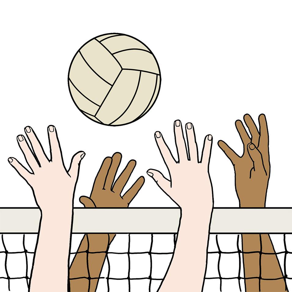 Hände greifen nach einem Volleyball über einem Netz, das sich auf einer minimalistischen, weißen Hintergrundfläche befindet.