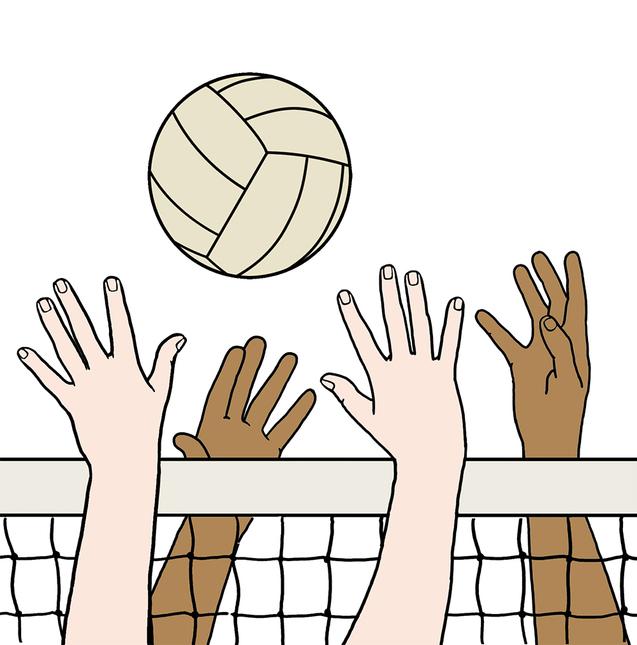 Hände greifen nach einem Volleyball über einem Netz, das sich auf einer minimalistischen, weißen Hintergrundfläche befindet.