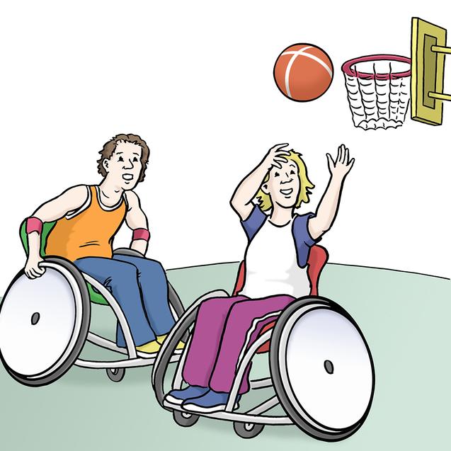 Zwei Personen im Rollstuhl spielen Basketball und werfen einen Ball in den Korb.