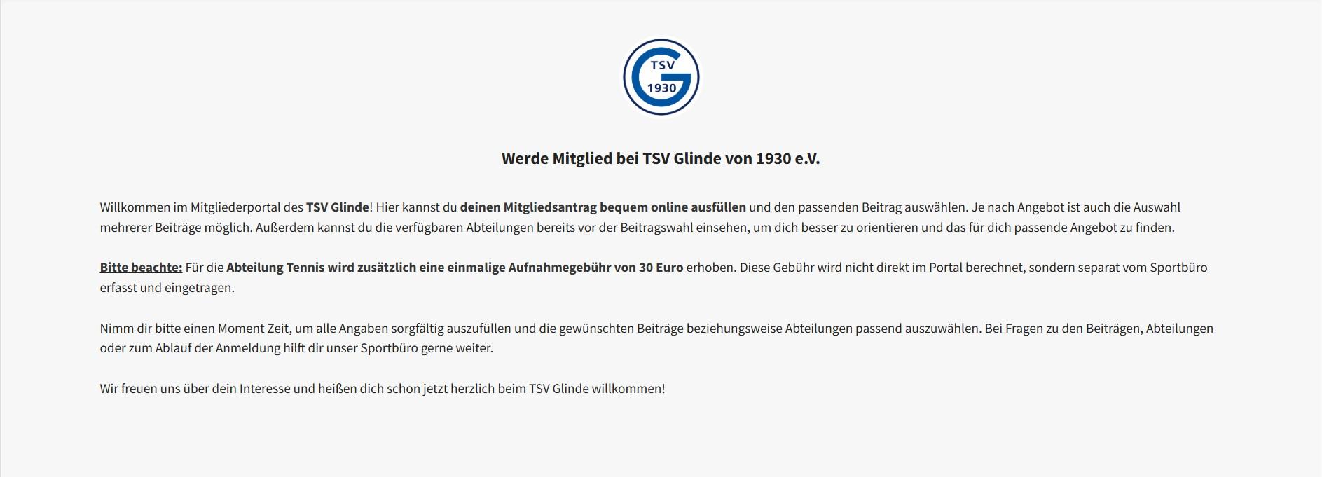 Willkommenstext f&uuml;r die Mitgliedschaft beim TSV Glinde, inklusive Hinweisen zur Tennisanmeldung und Beitragsdetails.