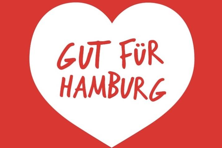 Herz in Rot mit der Aufschrift „GUT FÜR HAMBURG“ in roter Schrift auf weißem Hintergrund.
