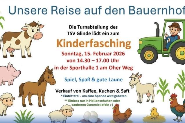 Ein bunter Flyer zum Kinderfasching mit Bauernhofmotiven, Datum, Uhrzeit und Veranstaltungsdetails.