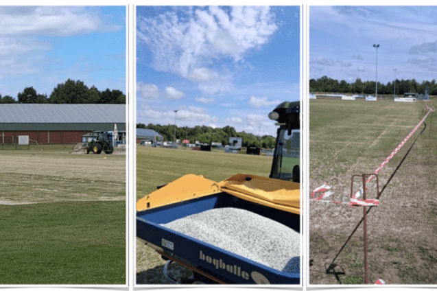 Drei Bilder einer Rasenpflege: ein Traktor, ein Streuwagen und ein Sportplatz mit Markierung.