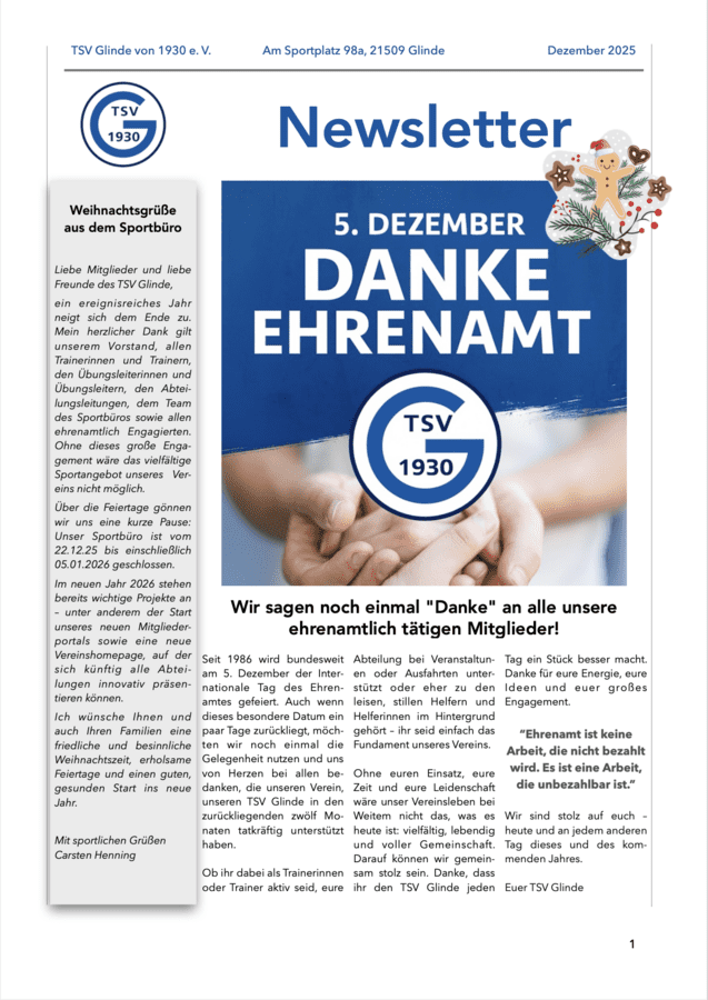 Newsletter des TSV Glinde mit Weihnachtsgr&uuml;&szlig;en, Dank an Ehrenamtliche und Informationen zum Sportbetrieb.