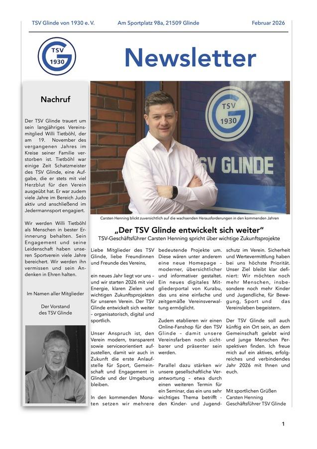 Newsletter des TSV Glinde mit Titel und Nachruf, Person im Vordergrund steht vor Vereinslogo.