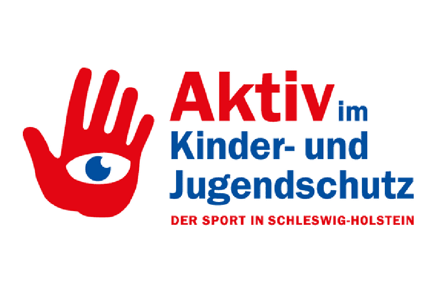 Logo von &bdquo;Aktiv im Kinder- und Jugendschutz&ldquo; mit roter Hand und Auge, darunter der Text &bdquo;DER SPORT IN SCHLESWIG-HOLSTEIN&ldquo;.