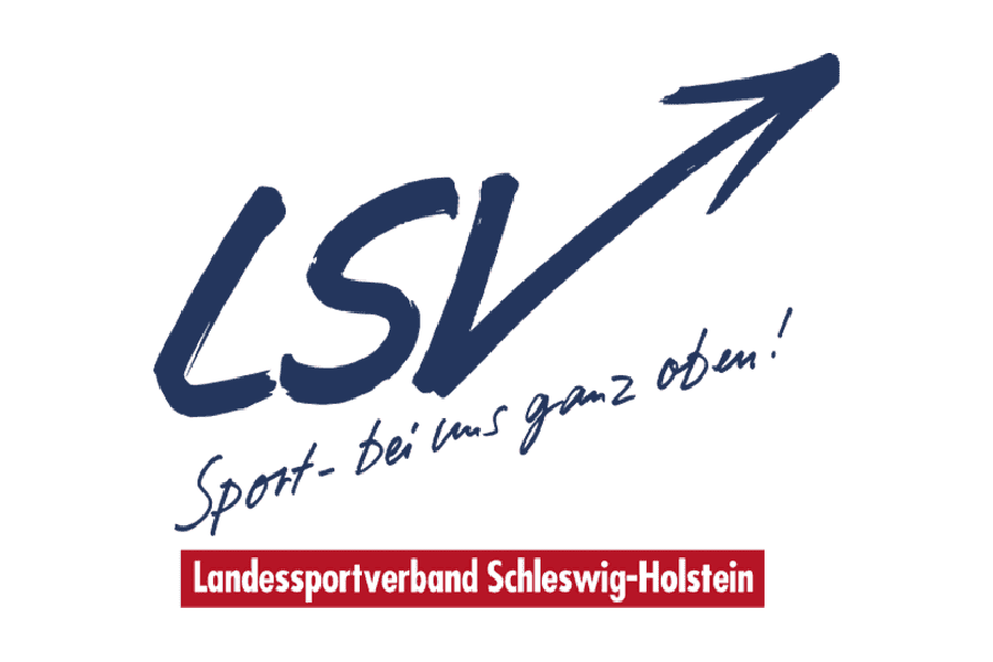 Logo des Landessportverbands Schleswig-Holstein mit dem Schriftzug „Sport - bei uns ganz oben!“ in Blau und Rot.